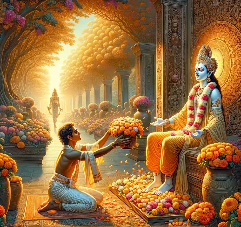 boy offering flowers to Krishna