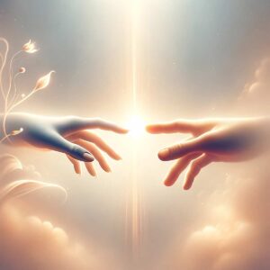 Prayerful hands reaching in Divine Light