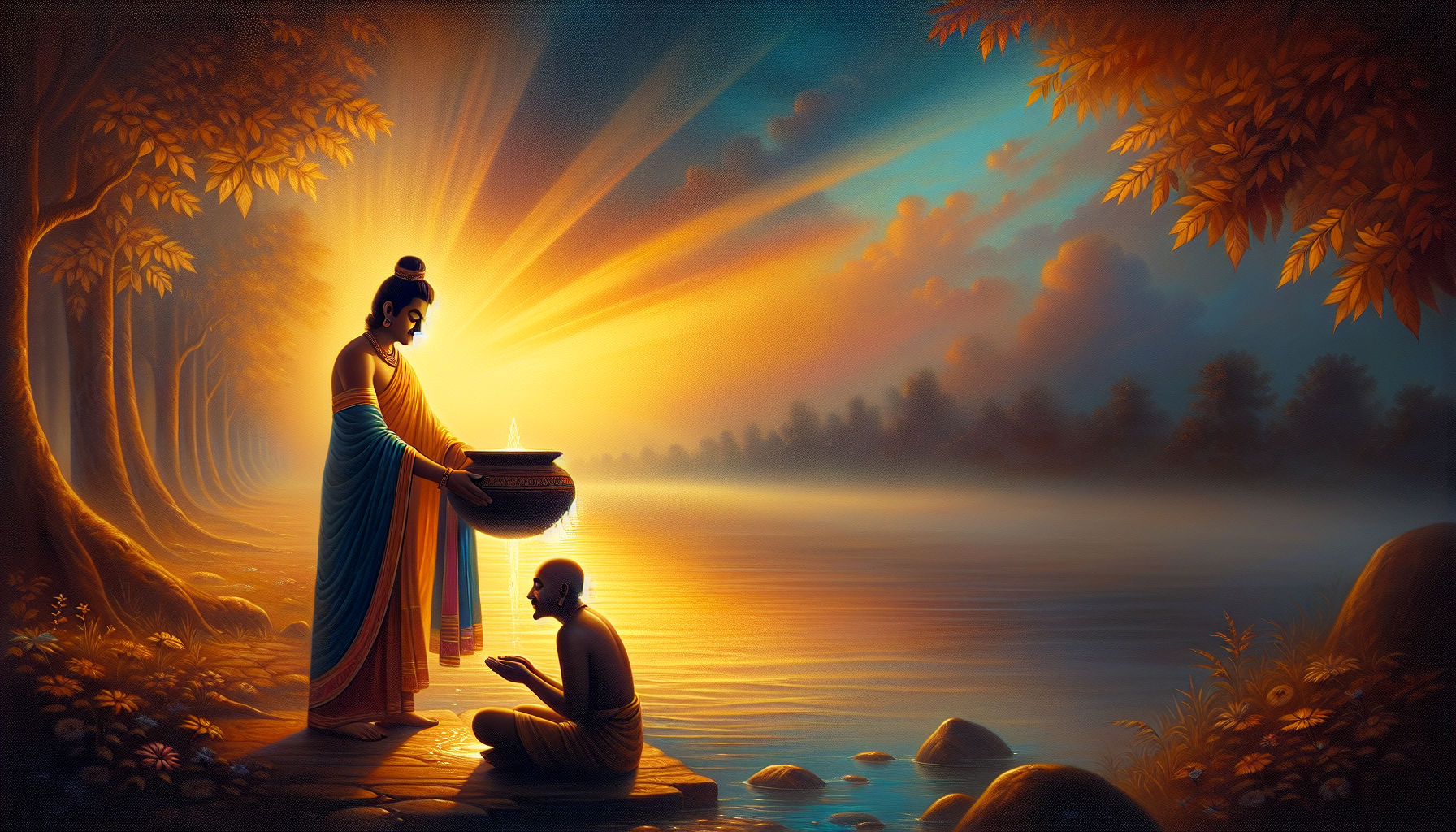 Kevata the boatman washing the feet of Lord Rama at the river bank