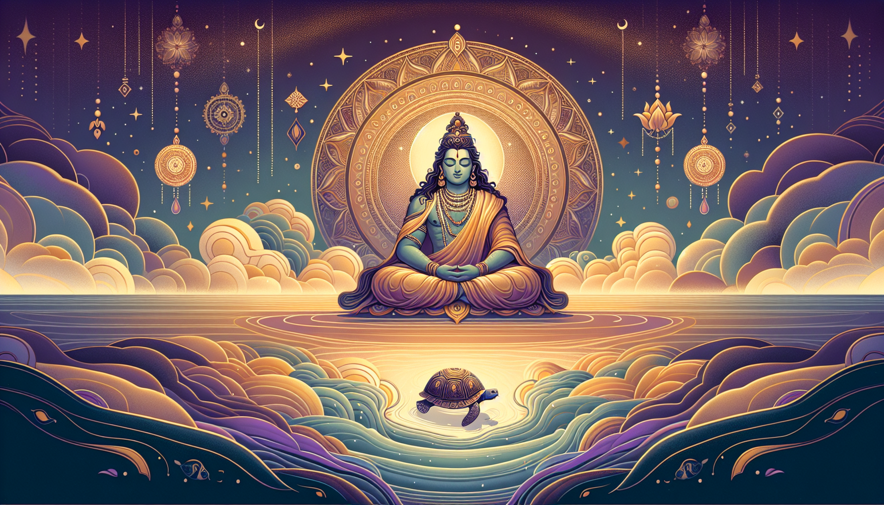 Lord Vishnu resting on the cosmic ocean as a turtle approaches