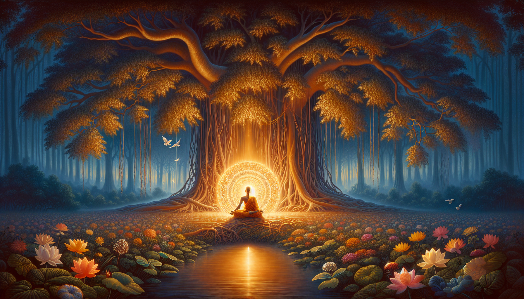 A meditating sage radiating golden light, sanctifying the world around them