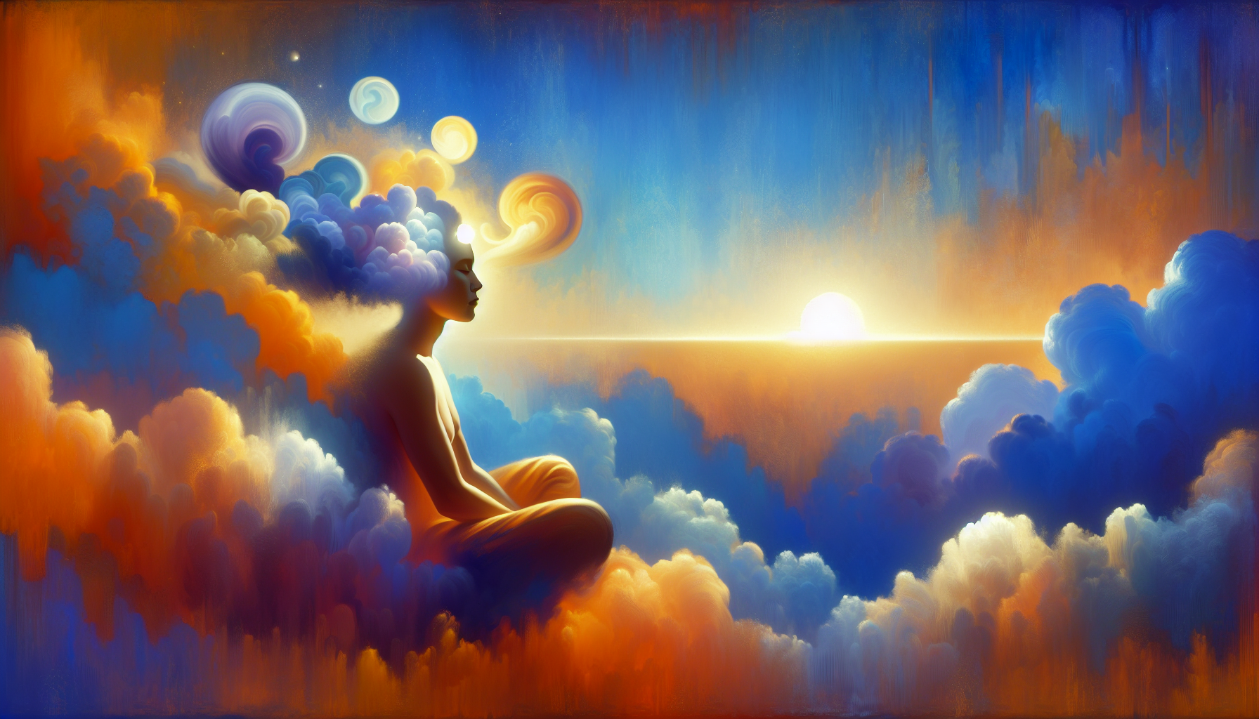 Meditative illustration of still consciousness beyond changing thoughts