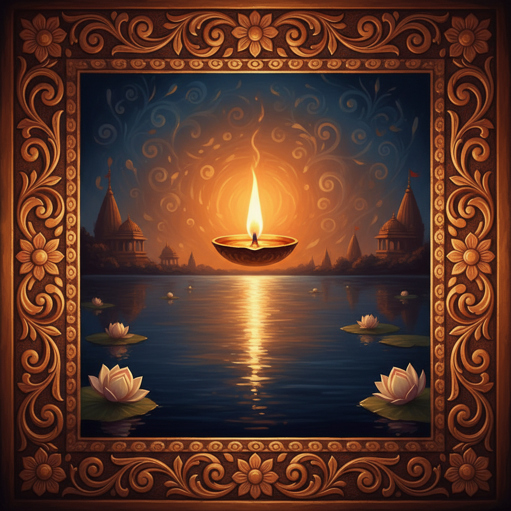 A single lamp burning above a still lake at night, lotus buds on the water